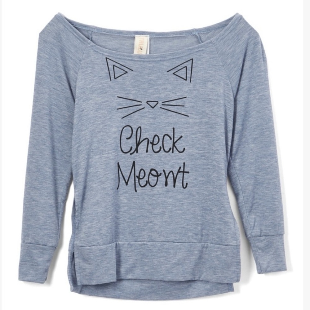 Heather Blue 'Check Meowt' Boatneck Top